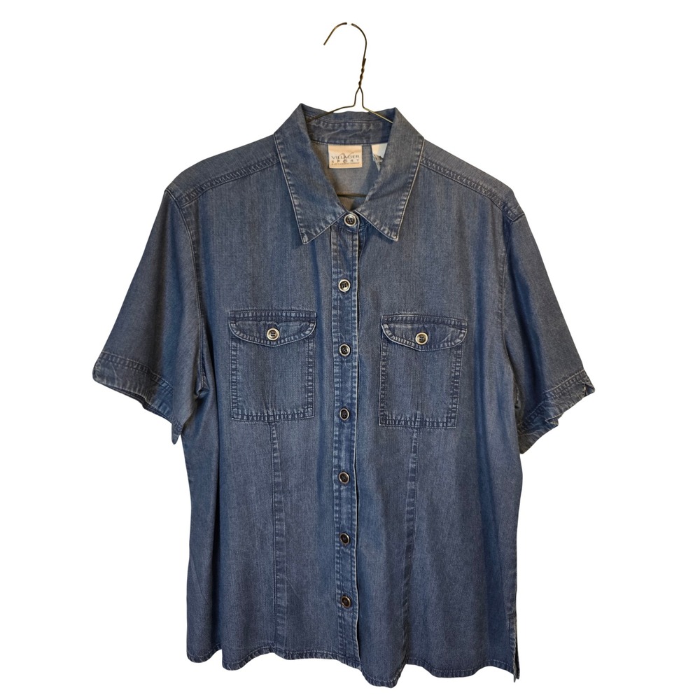 Villager Sport Liz Claiborne Denim Shirt Womens Large Blue Short Sleeve Button